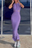 Purple Sexy Casual Solid Hollowed Out O Neck Long Dress Dresses