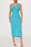 Blue Sexy Solid Patchwork Oblique Collar Pencil Skirt Dresses
