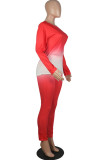 rose red Fashion Casual adult Ma'am Solid Gradient Two Piece Suits pencil Long Sleeve Two Pieces