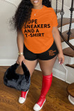 Red Casual Letter Print Basic O Neck Short Sleeve Two Pieces