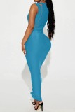 Sky Blue Sexy Casual Solid Hollowed Out O Neck Long Dress Dresses
