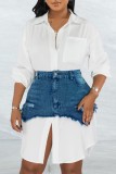 White Casual Solid Ripped Turndown Collar Long Sleeve Two Pieces