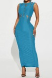 Sky Blue Sexy Casual Solid Hollowed Out O Neck Long Dress Dresses