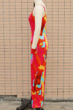 Red Blue Casual Print Patchwork Spaghetti Strap Straight Jumpsuits