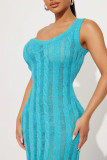 Blue Sexy Solid Patchwork Oblique Collar Pencil Skirt Dresses