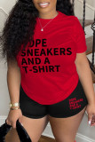 Red Casual Letter Print Basic O Neck Short Sleeve Two Pieces