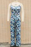 The cowboy blue Casual Print Patchwork Spaghetti Strap Straight Jumpsuits