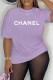 Purple Casual Print Letter O Neck T-Shirts