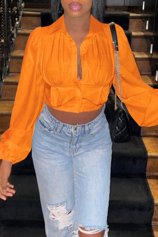 Orange Casual Solid Patchwork Turndown Collar Tops