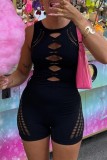 Black Sexy Solid Hollowed Out O Neck Skinny Romper