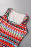 Multicolor Sexy Striped Print Backless Slit U Neck Vest Dress Dresses