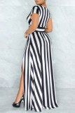 Black Sexy Striped Print Patchwork Slit V Neck A Line Dresses