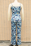 The cowboy blue Casual Print Patchwork Spaghetti Strap Straight Jumpsuits