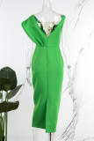Green Sexy Casual Solid Patchwork V Neck One Step Skirt Dresses