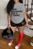 Red Casual Letter Print Basic O Neck Short Sleeve Two Pieces