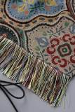 Colour Sexy Vintage Print Tassel Bandage Patchwork Backless Spaghetti Strap Sleeveless Two Pieces