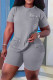 Grey Casual Solid Patchwork Pocket O Neck Short Sleeve Two Pieces