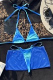 Blue Sexy Gradual Change Print Bandage Backless Swimsuit Three Piece Set (Without Paddings)