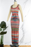Multicolor Sexy Striped Print Backless Slit U Neck Vest Dress Dresses