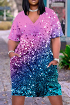 Light Purple Casual Print Patchwork Basic V Neck Short Sleeve Dress