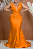 Orange Sexy Formal Solid Patchwork V Neck Evening Dress Dresses