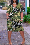 Army Green Casual Print Patchwork Basic V Neck Short Sleeve Dress