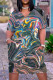 Dark Gray Casual Print Patchwork Basic V Neck Short Sleeve Dress