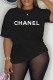 Black Casual Print Letter O Neck T-Shirts