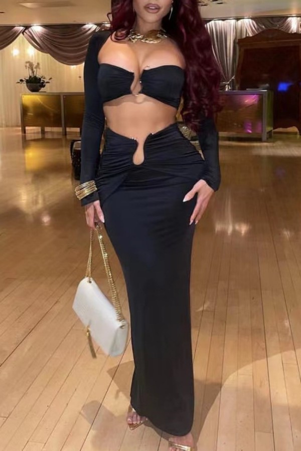 Black Sexy Solid Patchwork Square Collar Long Sleeve Two Pieces