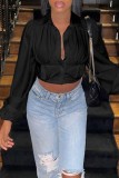 Orange Casual Solid Patchwork Turndown Collar Tops