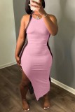 Pink Sexy Casual Solid Patchwork Slit O Neck Long Dress Dresses