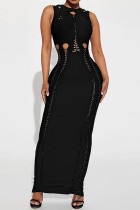 Black Sexy Casual Solid Hollowed Out O Neck Long Dress Dresses