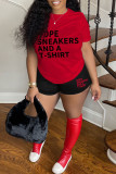 Red Casual Letter Print Basic O Neck Short Sleeve Two Pieces