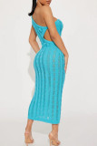 Blue Sexy Solid Patchwork Oblique Collar Pencil Skirt Dresses