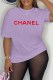 Purple Casual Print Letter O Neck T-Shirts