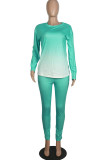 Light Blue Fashion Casual adult Ma'am Solid Gradient Two Piece Suits pencil Long Sleeve Two Pieces