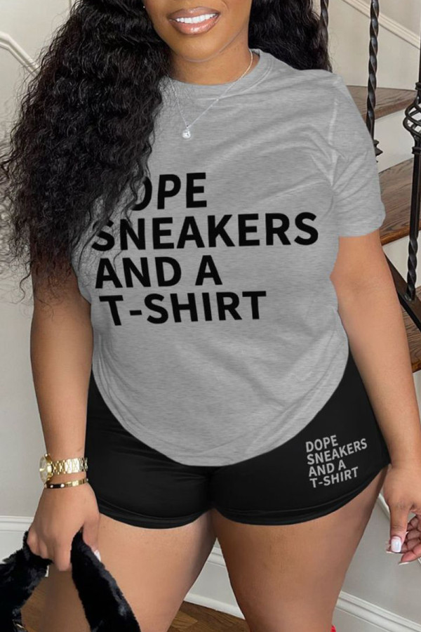 Grey Casual Letter Print Basic O Neck Short Sleeve Two Pieces