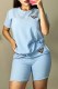 Baby Blue Casual Letter Embroidered O Neck Short Sleeve Two Pieces