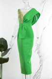 Green Sexy Casual Solid Patchwork V Neck One Step Skirt Dresses