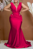 Rose Red Sexy Formal Solid Patchwork V Neck Evening Dress Dresses