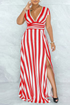 Red Sexy Striped Print Patchwork Slit V Neck A Line Dresses