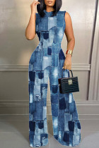 Blue Casual Print Hollowed Out Basic O Neck Sleeveless Two Pieces