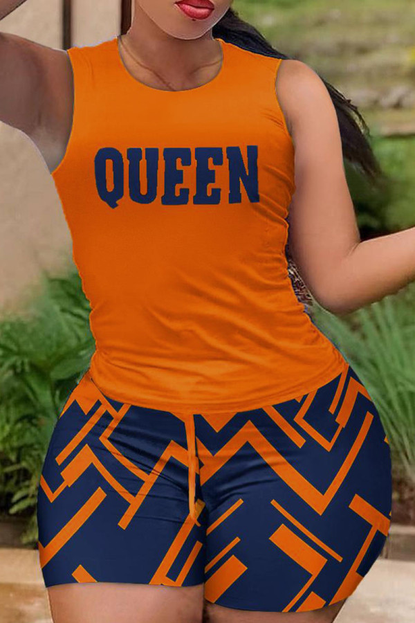 Orange Casual Street Print Patchwork O Neck Sleeveless Two Pieces