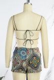 Colour Sexy Vintage Print Tassel Bandage Patchwork Backless Spaghetti Strap Sleeveless Two Pieces