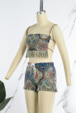 Colour Sexy Vintage Print Tassel Bandage Patchwork Backless Spaghetti Strap Sleeveless Two Pieces