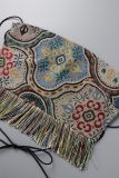 Colour Sexy Vintage Print Tassel Bandage Patchwork Backless Spaghetti Strap Sleeveless Two Pieces