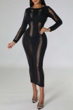 Orange Casual Solid Ripped Hollowed Out O Neck Long Sleeve Dresses