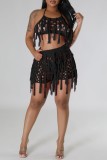 Black Sexy Solid Tassel Hollowed Out See-through Backless Halter Sleeveless Two Pieces