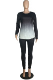 Black Fashion Casual adult Ma'am Solid Gradient Two Piece Suits pencil Long Sleeve Two Pieces