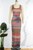 Multicolor Sexy Striped Print Backless Slit U Neck Vest Dress Dresses